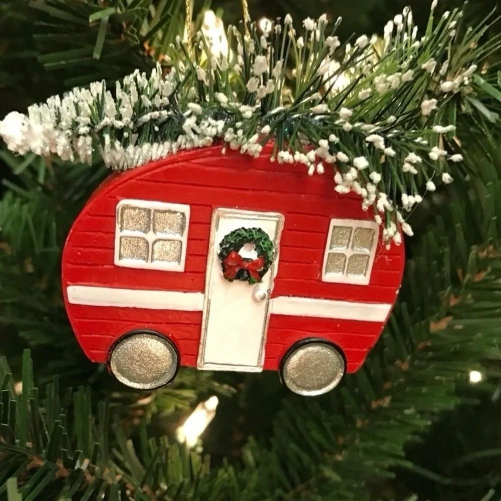 Red Retro Camper Hauling Christmas Tree Ornament Holiday‎ Decoration